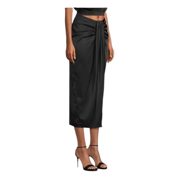 Line & Dot Selma Midi Skirt Black Satin Draped High Rise Front Slit XS - Picture 2 of 7